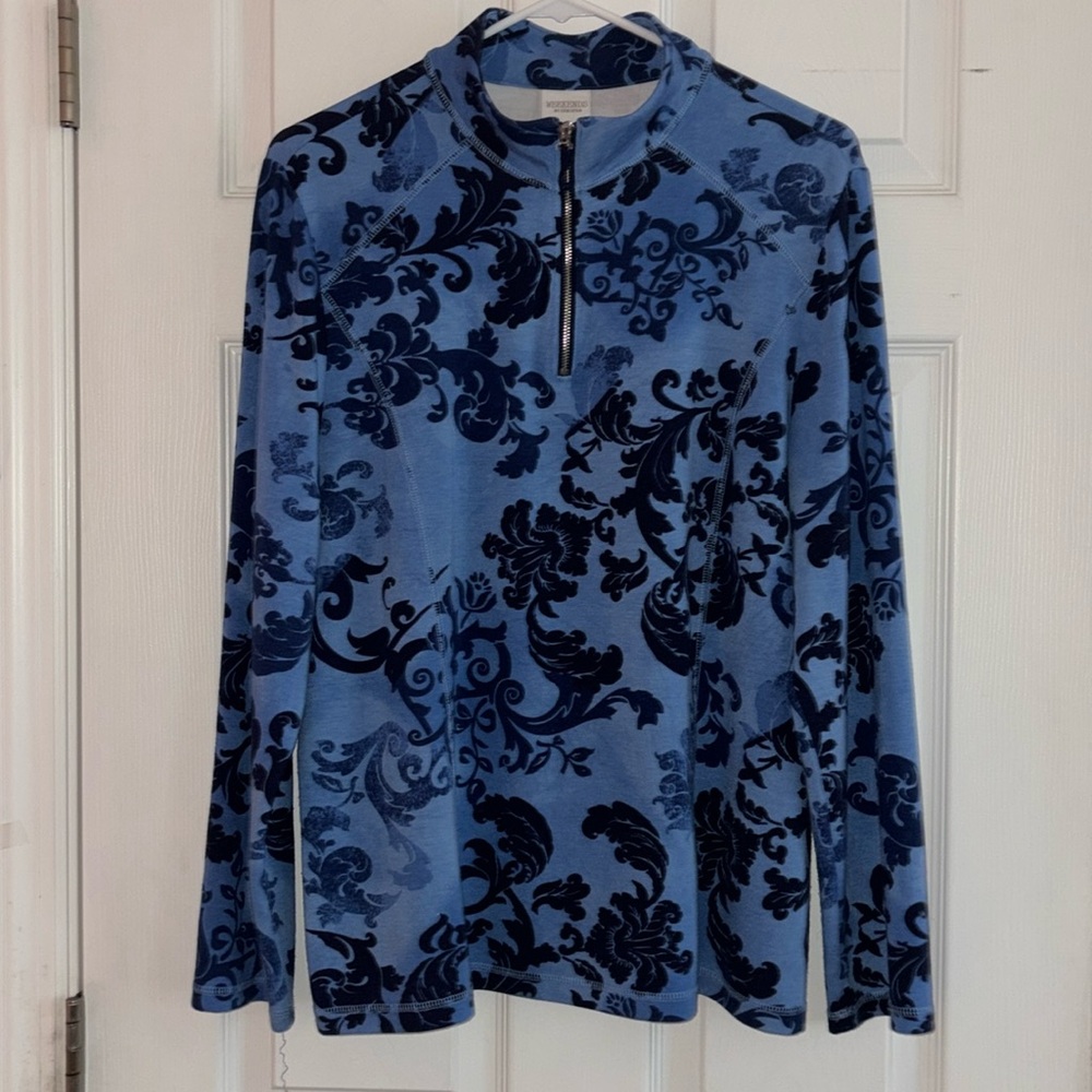 Chico’s weekend 1/4 zip blue knit top. Size 2 or 14/L blue long sleeve.